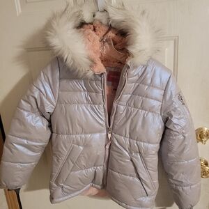 London Fog Metallic Puffer Jacket with Faux Fur Trim
